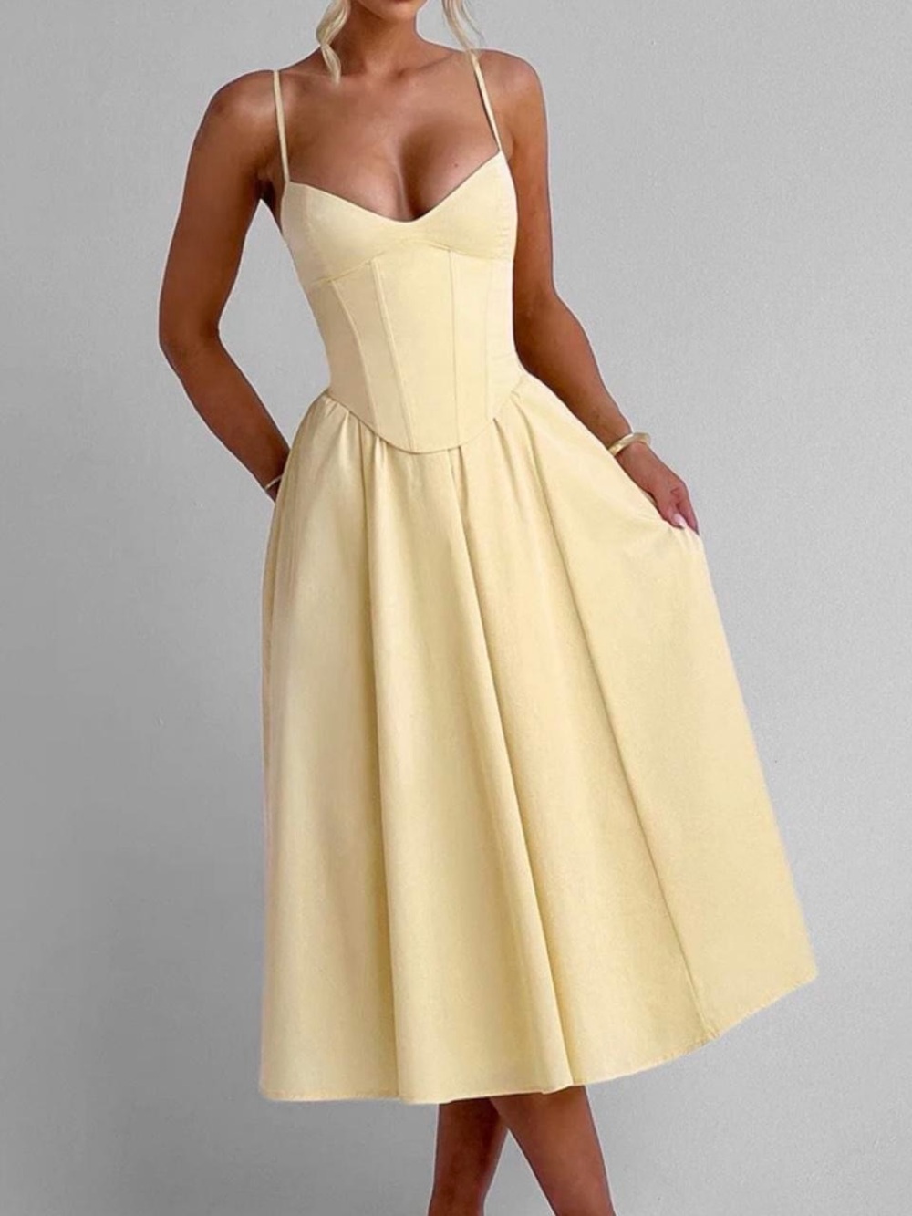 Cream Corset-Style Midi Dress with Spaghetti Straps